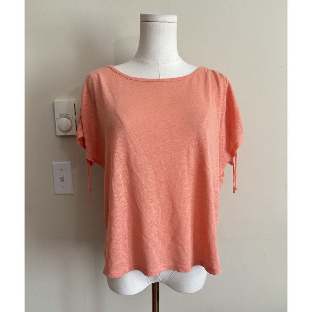 Joie Womens Large Short Sleeve Knit Top Linen Coastal Beach Bow Accent Sleeve